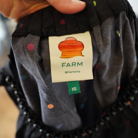 FARM Rio Black Dots Blouse size XS with beaded neckline Cotton Silk Blend - Picture 5 of 10